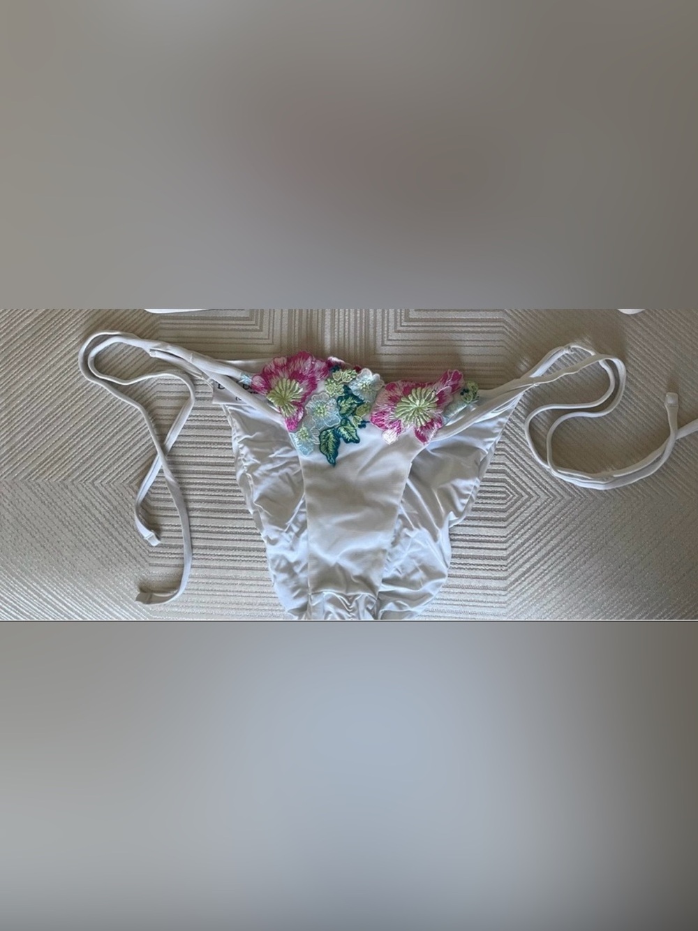 Beach Bunny White Bikini bottom with Pink & Green Floral Embroidery